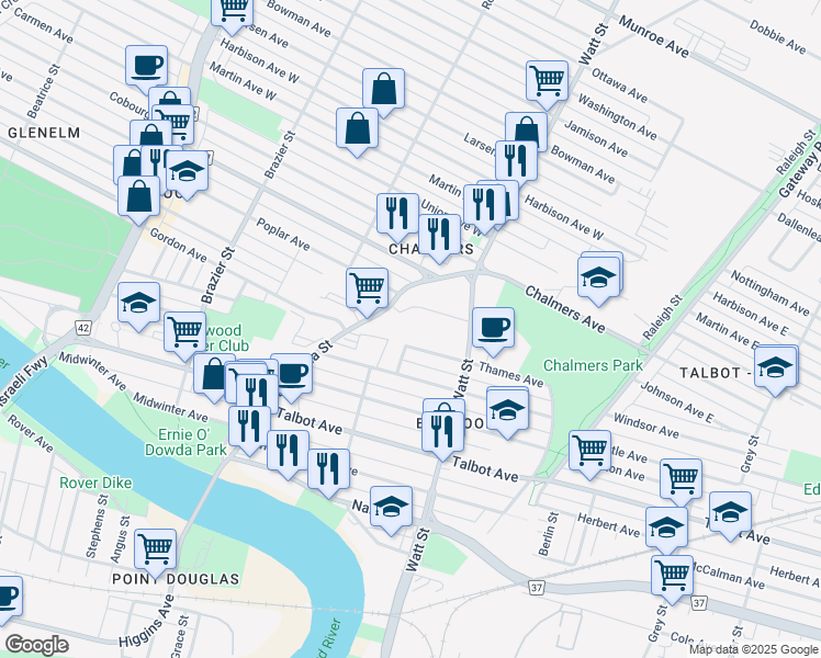 map of restaurants, bars, coffee shops, grocery stores, and more near 365 Thames Avenue in Winnipeg