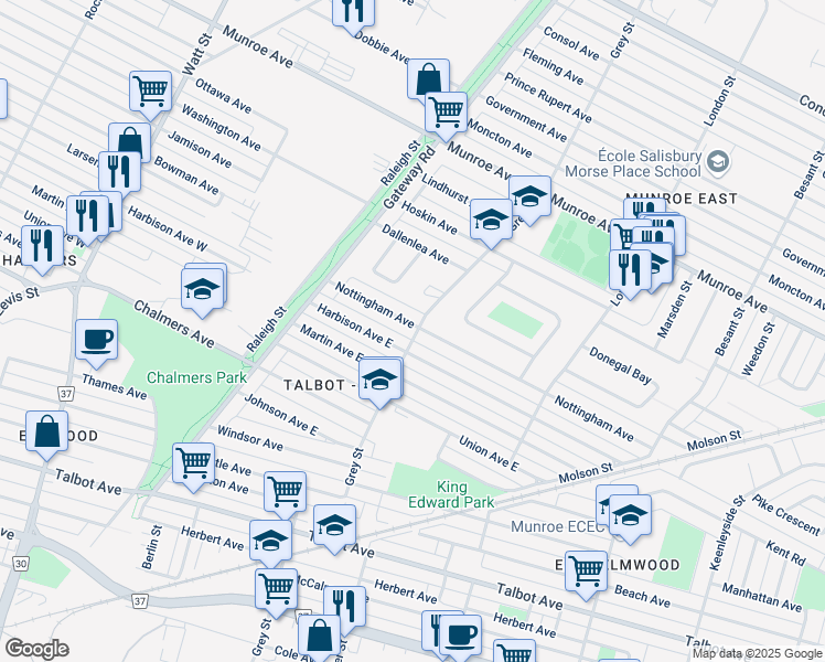 map of restaurants, bars, coffee shops, grocery stores, and more near 684 Nottingham Avenue in Winnipeg