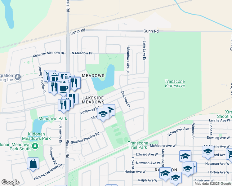 map of restaurants, bars, coffee shops, grocery stores, and more near 141 Devonshire Drive in Winnipeg