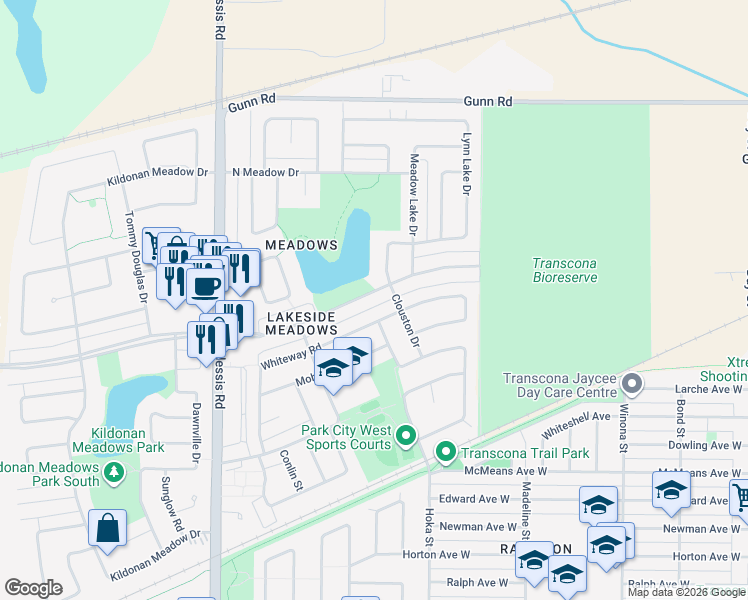 map of restaurants, bars, coffee shops, grocery stores, and more near 141 Devonshire Drive in Winnipeg