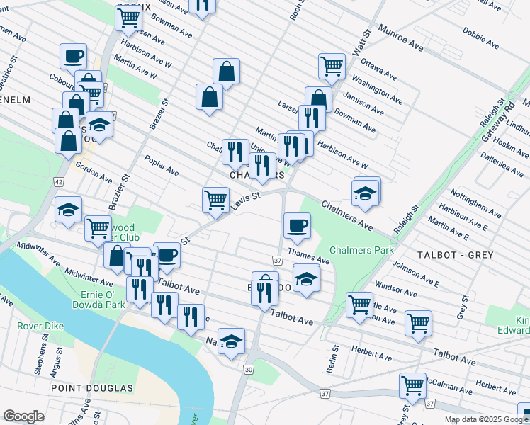 map of restaurants, bars, coffee shops, grocery stores, and more near 190 Watt Street in Winnipeg