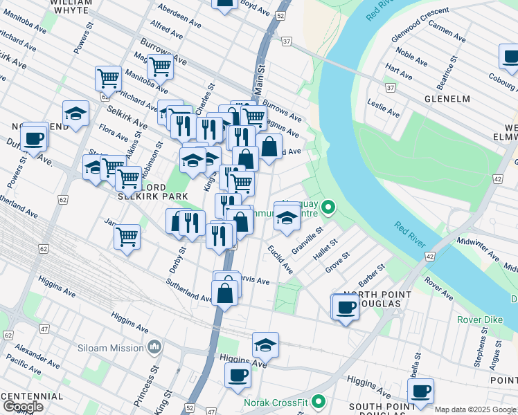 map of restaurants, bars, coffee shops, grocery stores, and more near 262 Austin Street North in Winnipeg