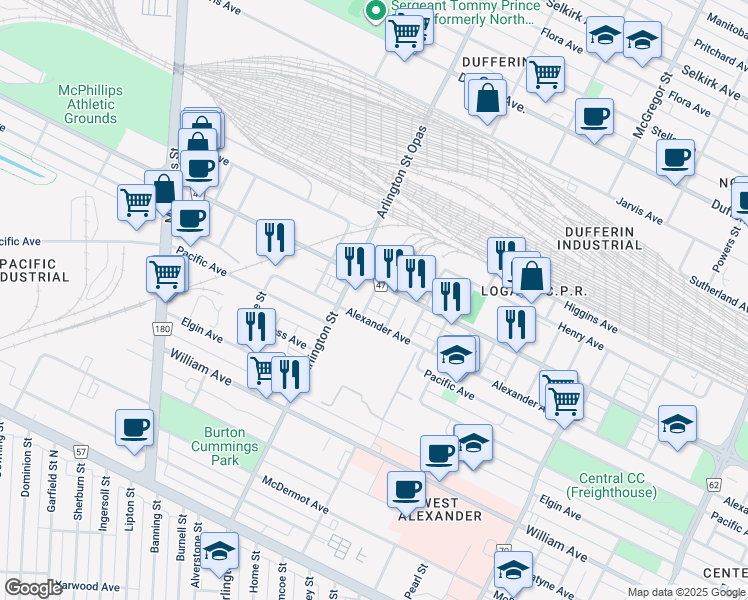 map of restaurants, bars, coffee shops, grocery stores, and more near 261 Dorothy Street in Winnipeg