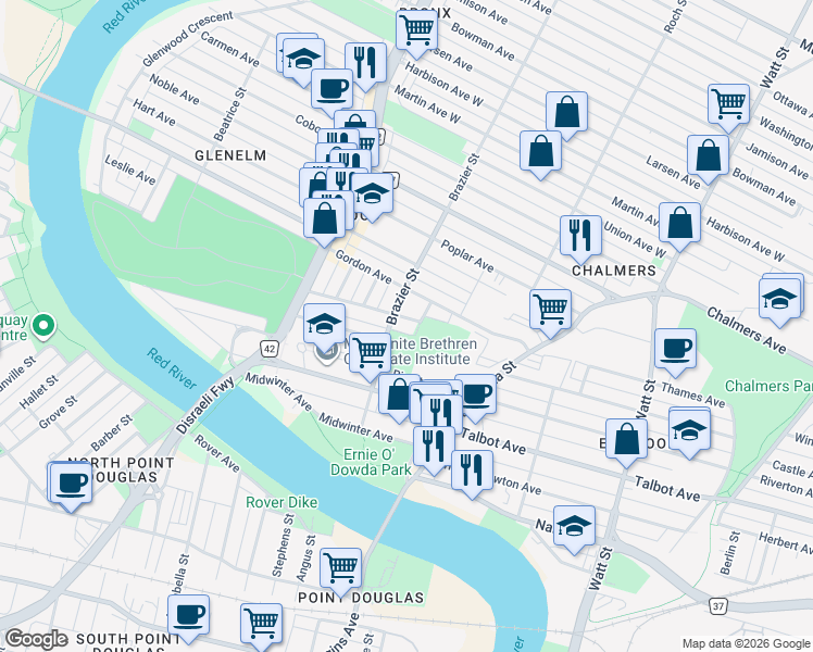 map of restaurants, bars, coffee shops, grocery stores, and more near 234 Dearborn Avenue in Winnipeg