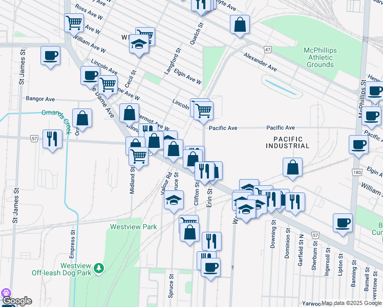 map of restaurants, bars, coffee shops, grocery stores, and more near 1357 Winnipeg Avenue West in Winnipeg