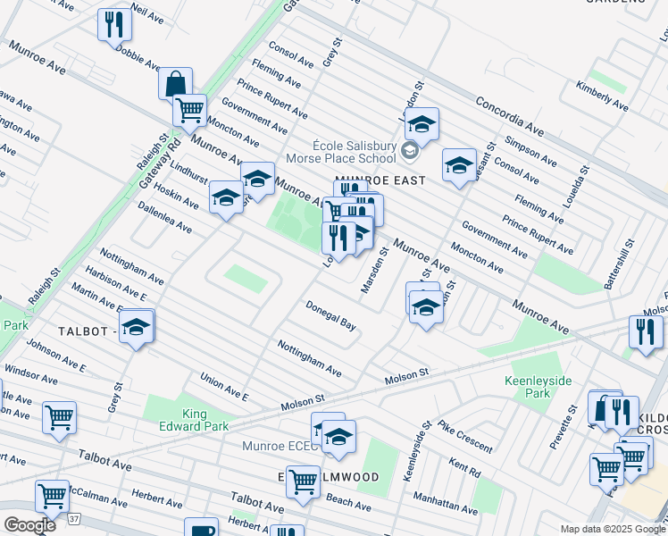 map of restaurants, bars, coffee shops, grocery stores, and more near 489 London Street in Winnipeg