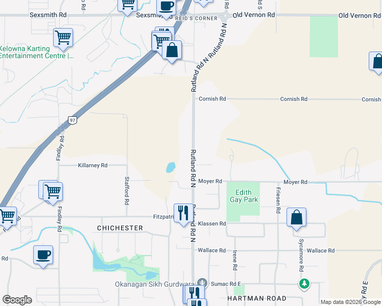 map of restaurants, bars, coffee shops, grocery stores, and more near 1694 Rutland Road North in Kelowna
