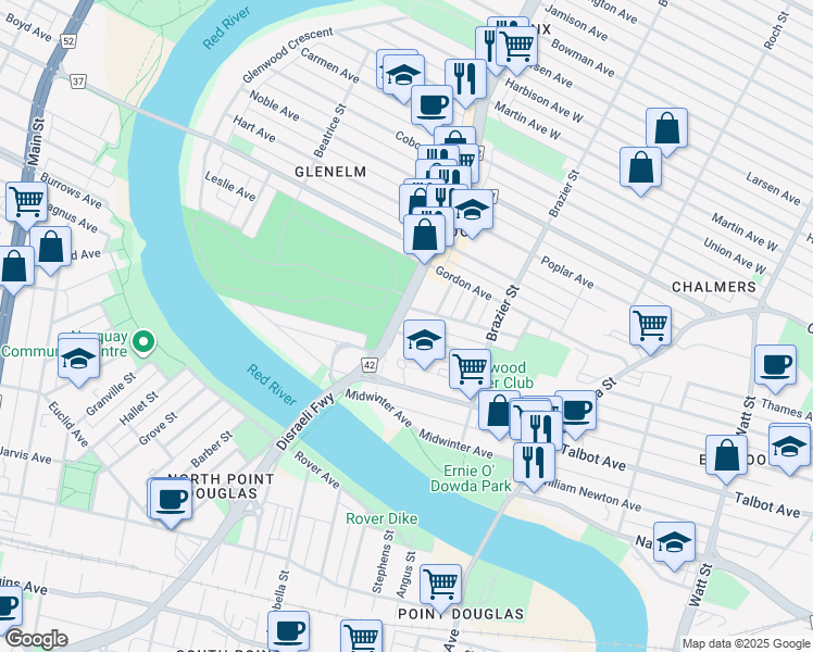 map of restaurants, bars, coffee shops, grocery stores, and more near 111 Route 42 in Winnipeg