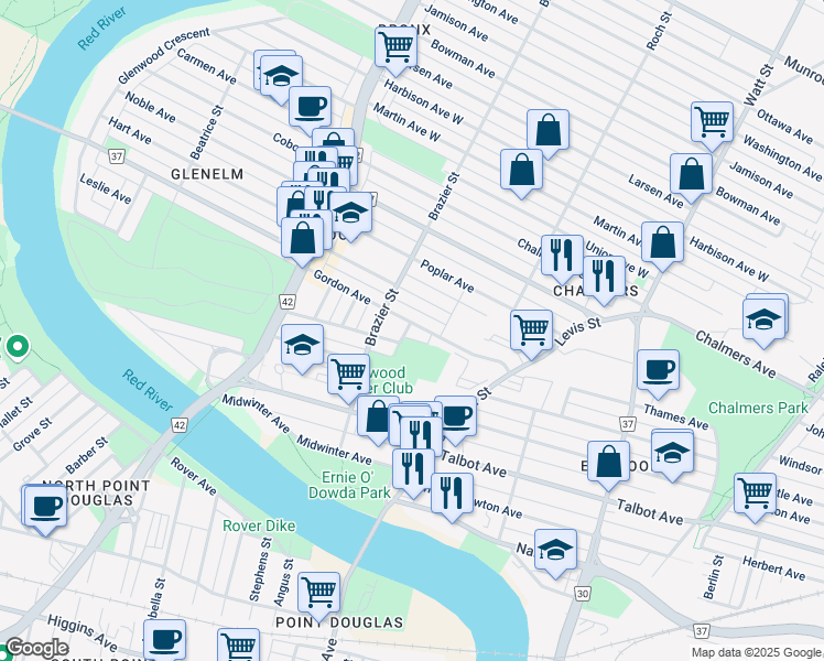map of restaurants, bars, coffee shops, grocery stores, and more near 234 Gordon Avenue in Winnipeg