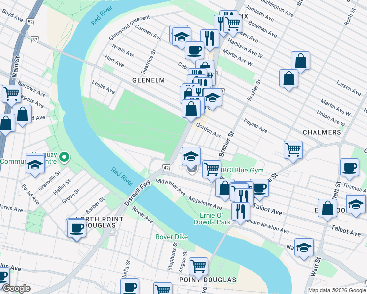 map of restaurants, bars, coffee shops, grocery stores, and more near 111 Route 42 in Winnipeg