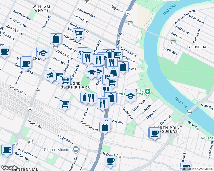 map of restaurants, bars, coffee shops, grocery stores, and more near 914 Main Street in Winnipeg