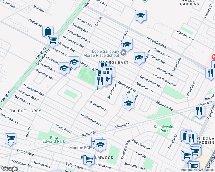 map of restaurants, bars, coffee shops, grocery stores, and more near 517 London Street in Winnipeg