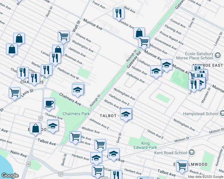 map of restaurants, bars, coffee shops, grocery stores, and more near 427 Gateway Road in Winnipeg