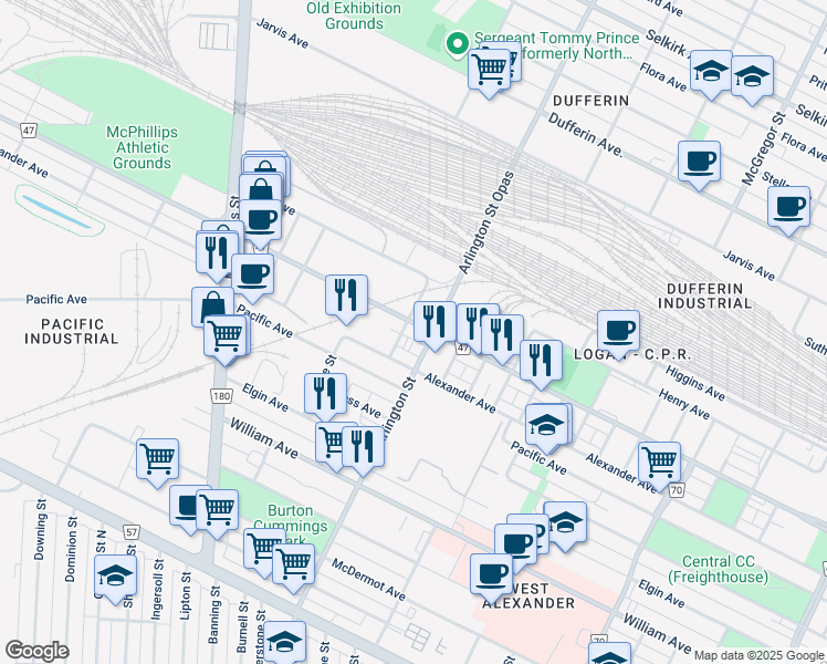 map of restaurants, bars, coffee shops, grocery stores, and more near 936 Logan Avenue in Winnipeg