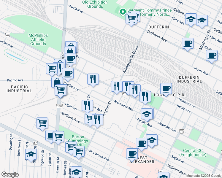 map of restaurants, bars, coffee shops, grocery stores, and more near 936 Logan Avenue in Winnipeg