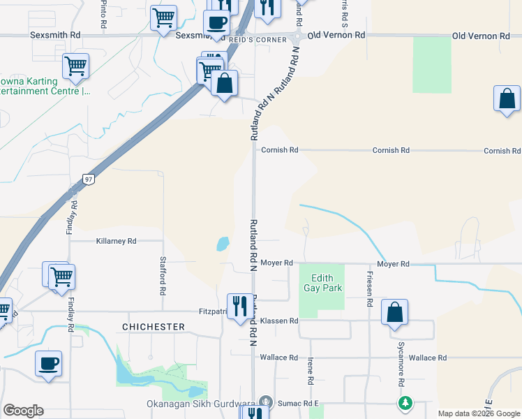 map of restaurants, bars, coffee shops, grocery stores, and more near 1694 Rutland Road North in Kelowna