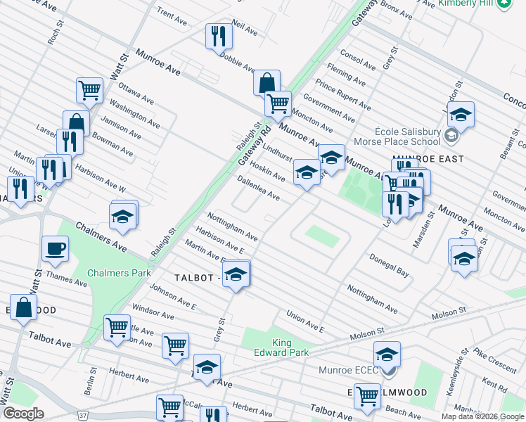 map of restaurants, bars, coffee shops, grocery stores, and more near 6 Wynten Crescent in Winnipeg