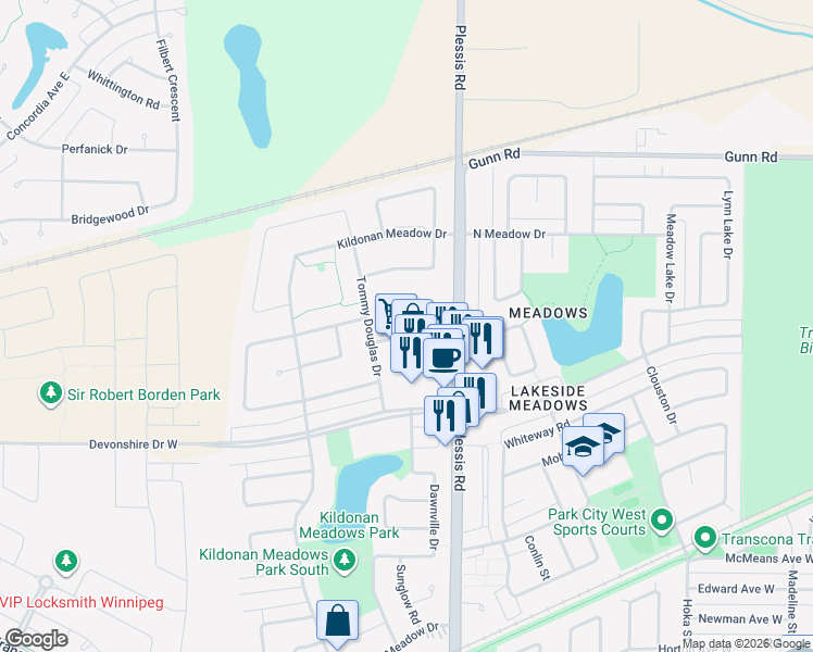map of restaurants, bars, coffee shops, grocery stores, and more near 65 Kildonan Green Drive in Winnipeg