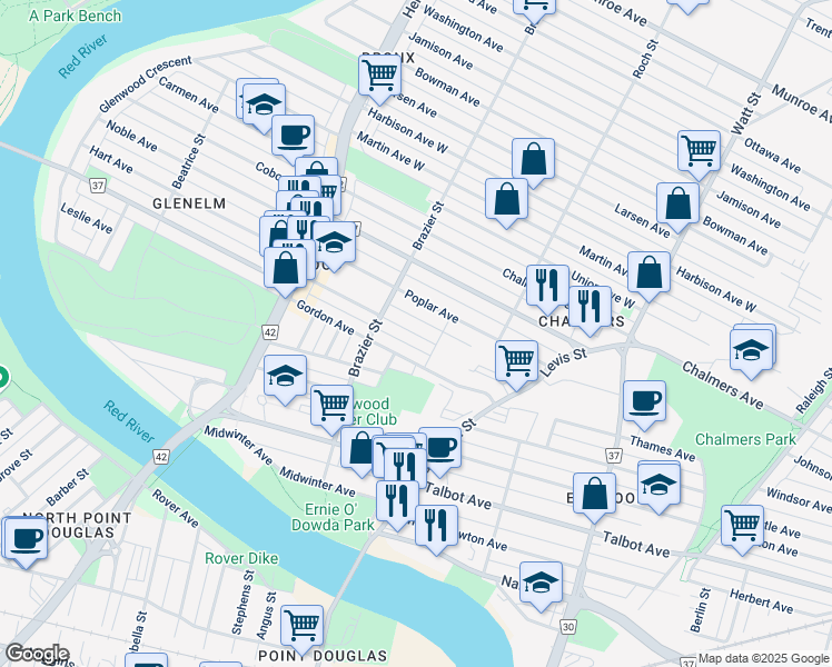 map of restaurants, bars, coffee shops, grocery stores, and more near 251 McIntosh Avenue in Winnipeg