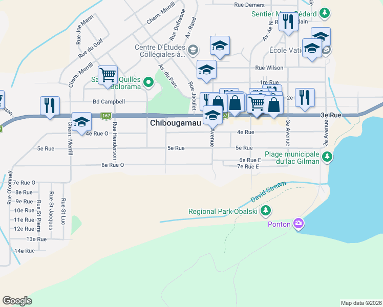 map of restaurants, bars, coffee shops, grocery stores, and more near 626 5e Rue in Chibougamau
