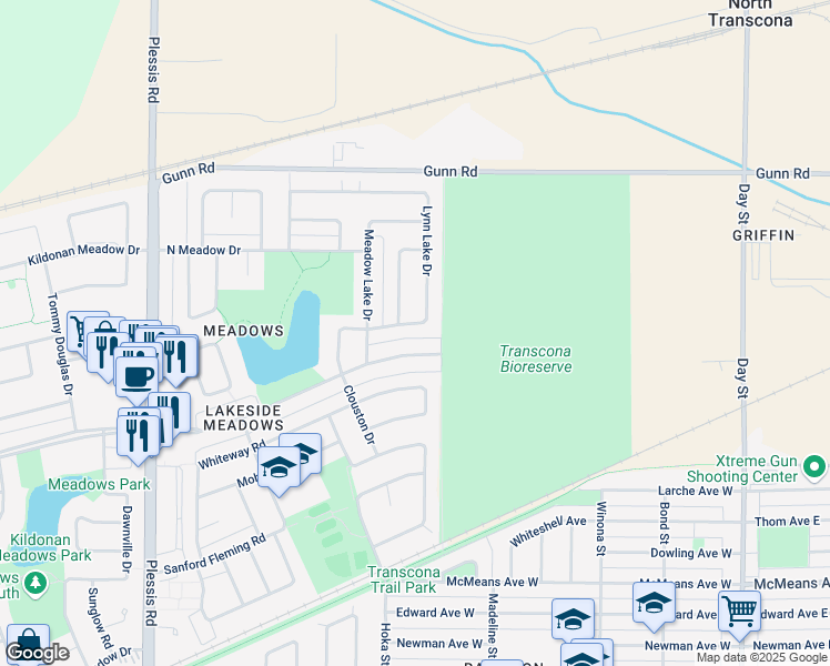map of restaurants, bars, coffee shops, grocery stores, and more near 35 Lynn Lake Drive in Winnipeg