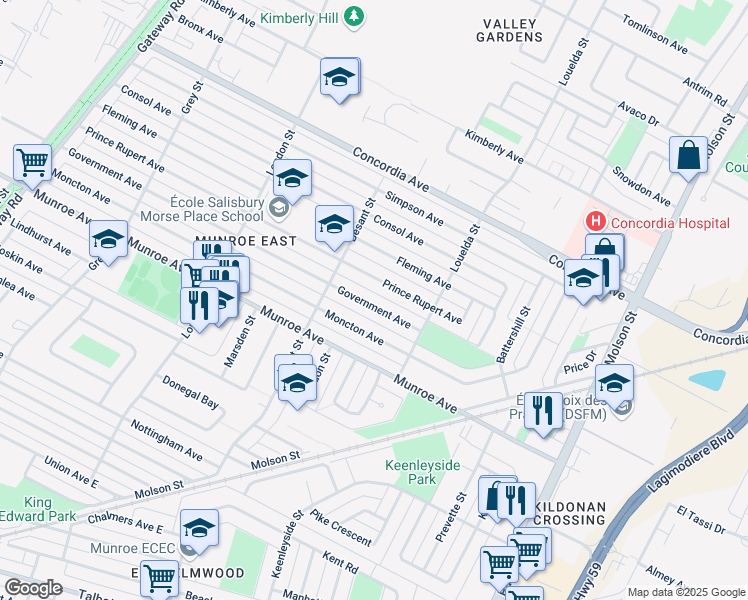 map of restaurants, bars, coffee shops, grocery stores, and more near 937 Government Avenue in Winnipeg