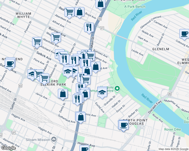 map of restaurants, bars, coffee shops, grocery stores, and more near 175 Selkirk Avenue in Winnipeg