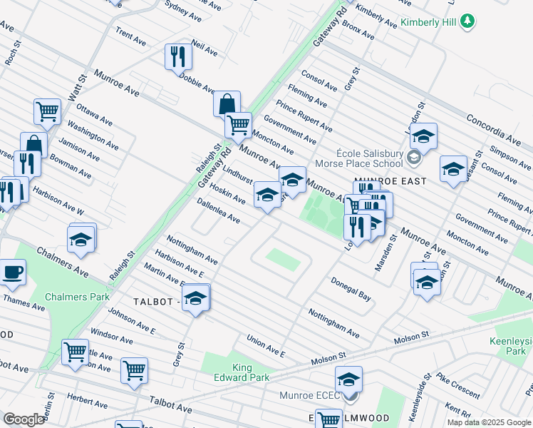 map of restaurants, bars, coffee shops, grocery stores, and more near Hoskin Avenue in Winnipeg