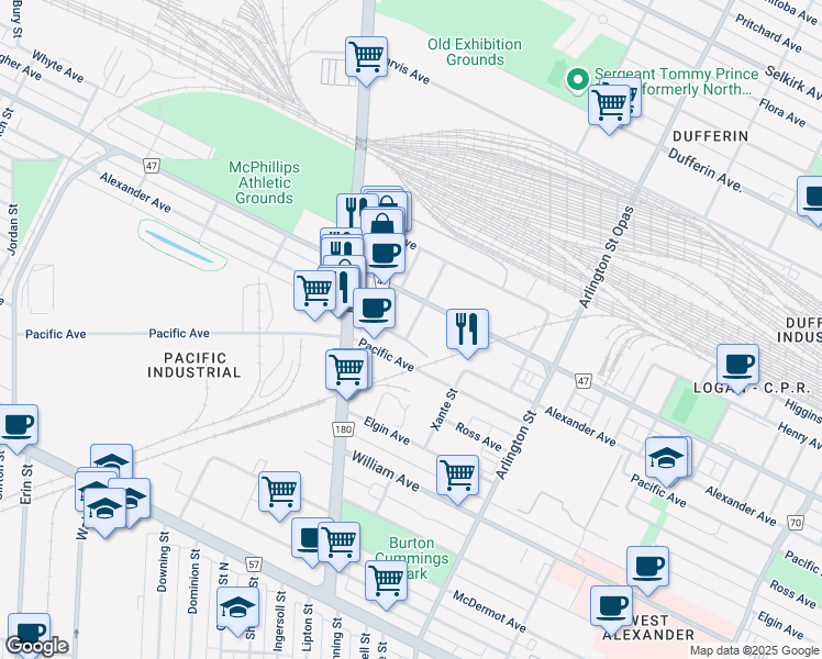 map of restaurants, bars, coffee shops, grocery stores, and more near 4 Maude Street in Winnipeg