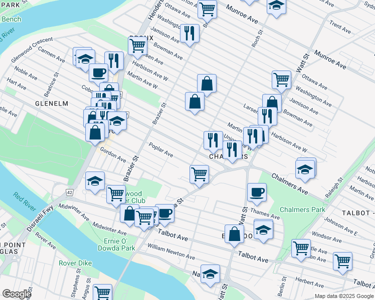 map of restaurants, bars, coffee shops, grocery stores, and more near 300 Johnson Avenue West in Winnipeg