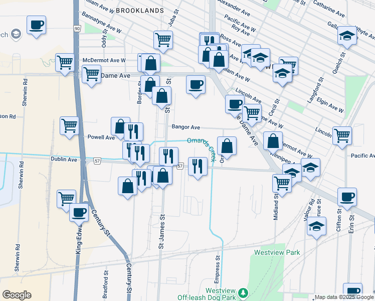 map of restaurants, bars, coffee shops, grocery stores, and more near 1654 Field Street in Winnipeg