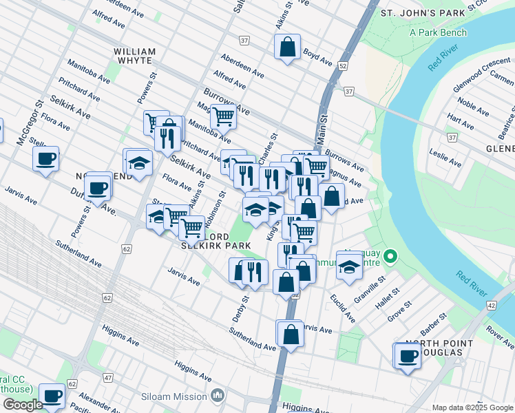 map of restaurants, bars, coffee shops, grocery stores, and more near 270 Selkirk Avenue in Winnipeg