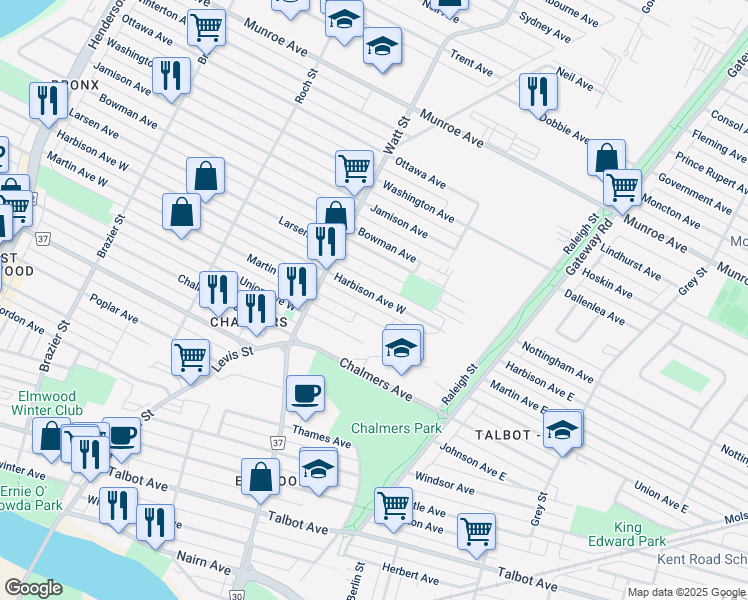 map of restaurants, bars, coffee shops, grocery stores, and more near 480 Harbison Avenue West in Winnipeg