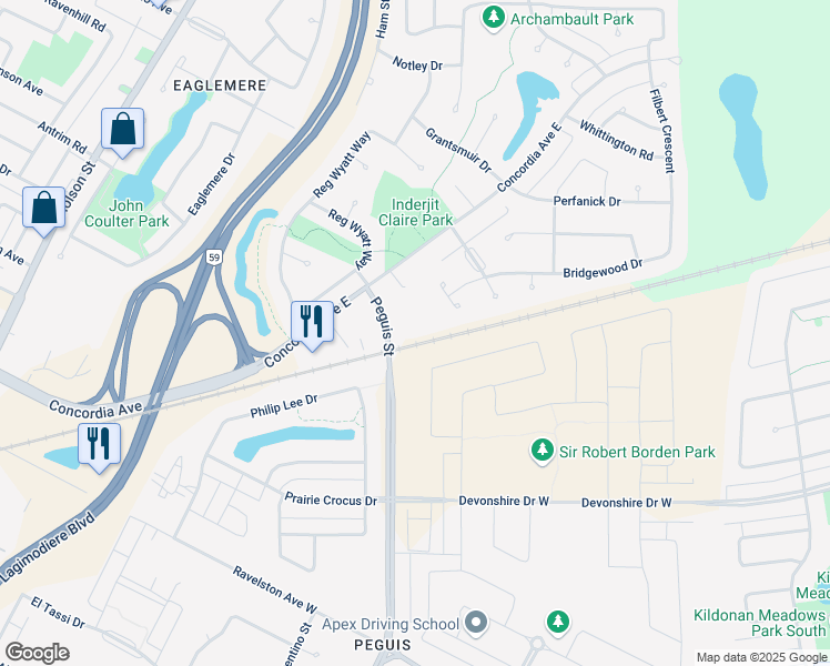 map of restaurants, bars, coffee shops, grocery stores, and more near 525 Peguis Street in Winnipeg
