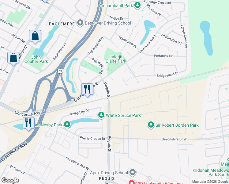 map of restaurants, bars, coffee shops, grocery stores, and more near 525 Peguis Street in Winnipeg