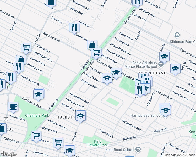 map of restaurants, bars, coffee shops, grocery stores, and more near 647 Hoskin Avenue in Winnipeg