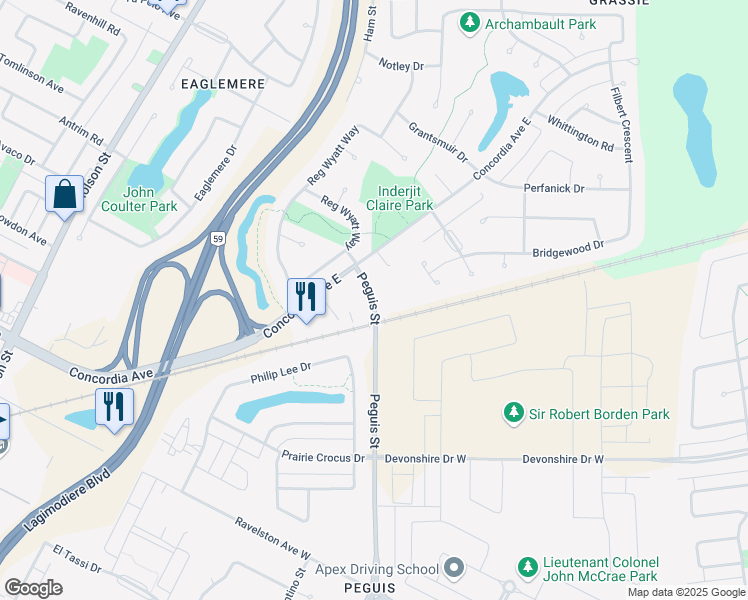 map of restaurants, bars, coffee shops, grocery stores, and more near 370 Peguis Street in Winnipeg