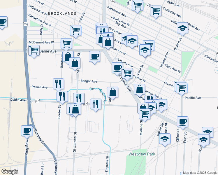 map of restaurants, bars, coffee shops, grocery stores, and more near 44 Bangor Avenue in Winnipeg