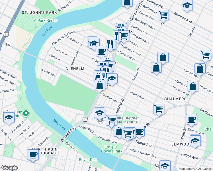 map of restaurants, bars, coffee shops, grocery stores, and more near 189 Henderson Highway in Winnipeg