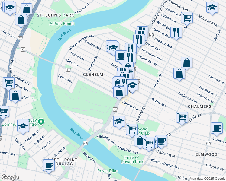 map of restaurants, bars, coffee shops, grocery stores, and more near 191 Hespeler Avenue in Winnipeg