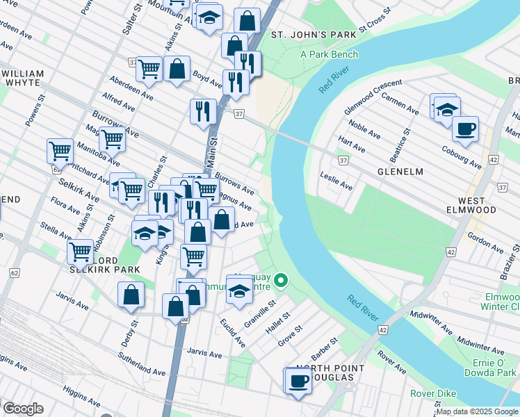 map of restaurants, bars, coffee shops, grocery stores, and more near 125 Magnus Avenue in Winnipeg