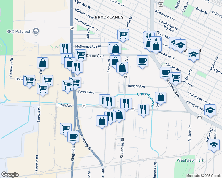 map of restaurants, bars, coffee shops, grocery stores, and more near 1369 Border Street in Winnipeg