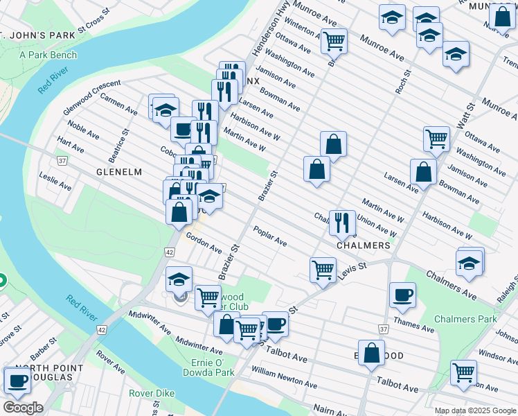 map of restaurants, bars, coffee shops, grocery stores, and more near 216 Johnson Avenue West in Winnipeg