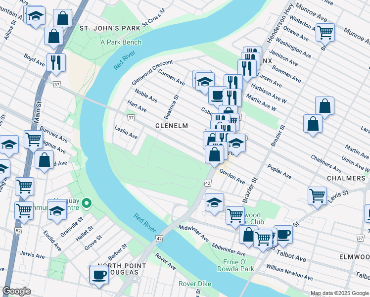 map of restaurants, bars, coffee shops, grocery stores, and more near 152 Hespeler Avenue in Winnipeg