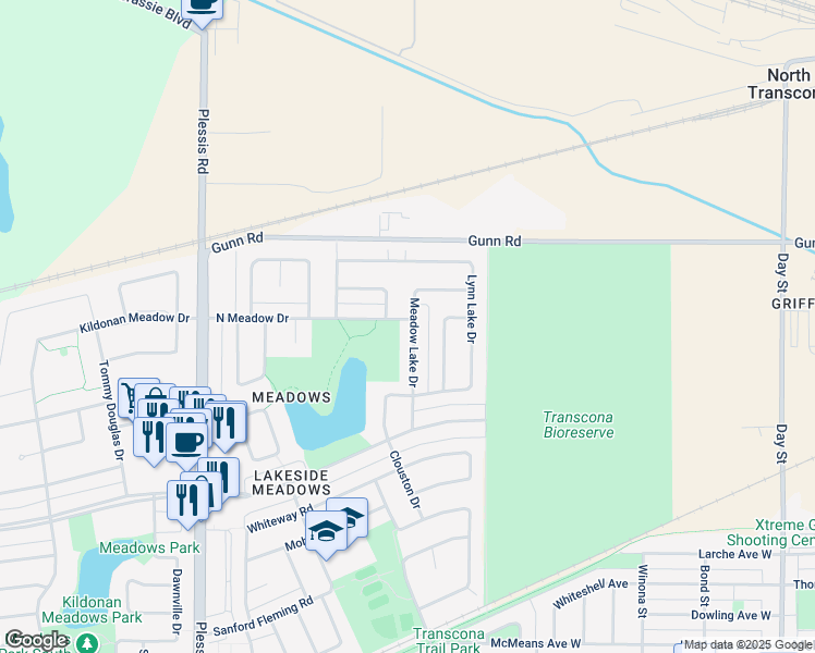 map of restaurants, bars, coffee shops, grocery stores, and more near 70 Meadow Lake Drive in Winnipeg