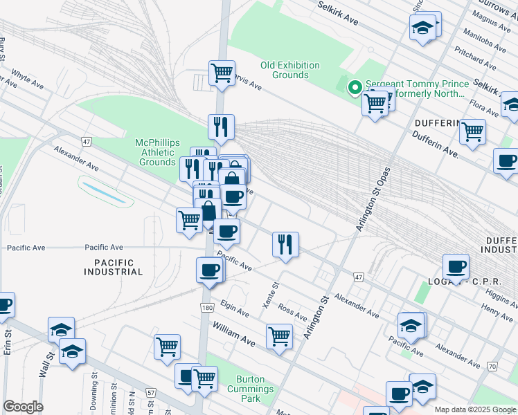 map of restaurants, bars, coffee shops, grocery stores, and more near 33 Warnock Street in Winnipeg