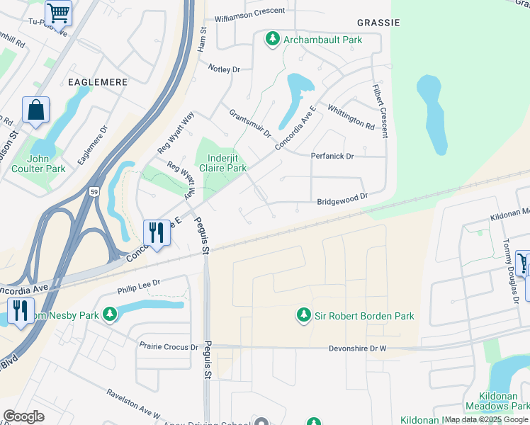 map of restaurants, bars, coffee shops, grocery stores, and more near 50 David Evans Place in Winnipeg