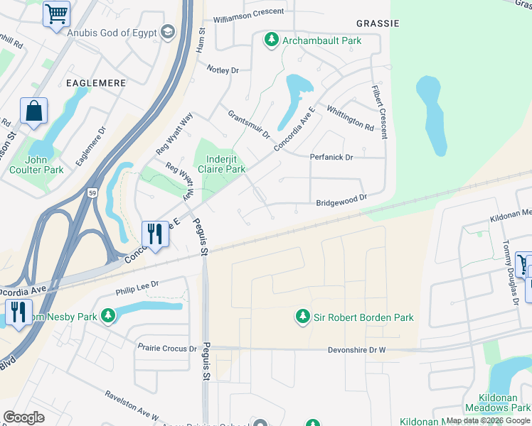 map of restaurants, bars, coffee shops, grocery stores, and more near 50 David Evans Place in Winnipeg