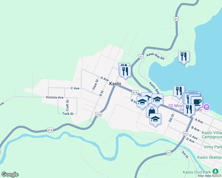 map of restaurants, bars, coffee shops, grocery stores, and more near 415 Washington Street in Kaslo