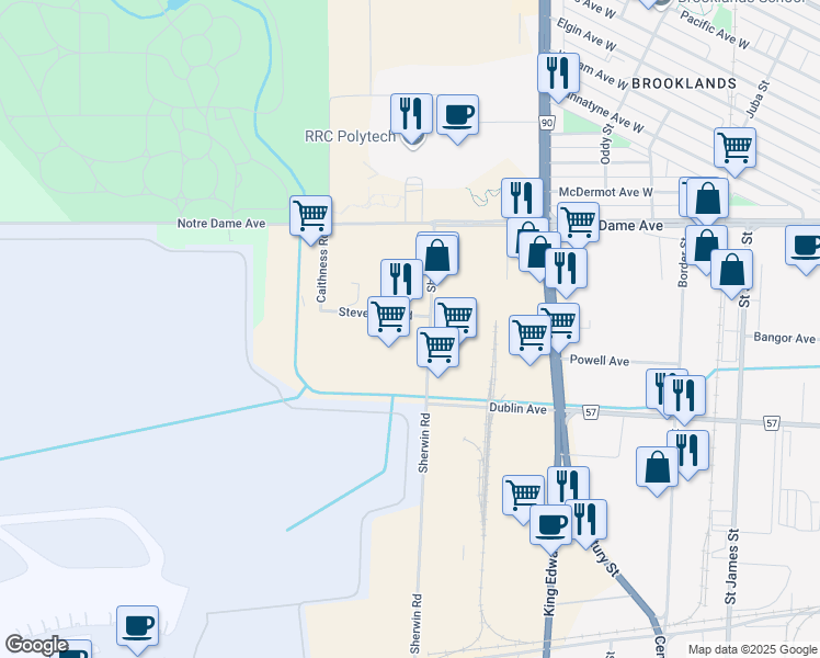 map of restaurants, bars, coffee shops, grocery stores, and more near 6 Stevenson Road in Winnipeg